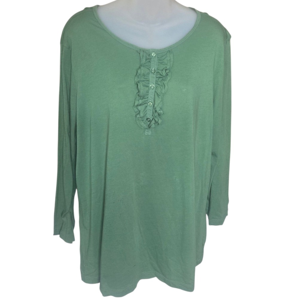 L.L. Bean Womens XL Ruffle Top Green Cotton Peasant Cottagecore 3/4‎ Sleeve